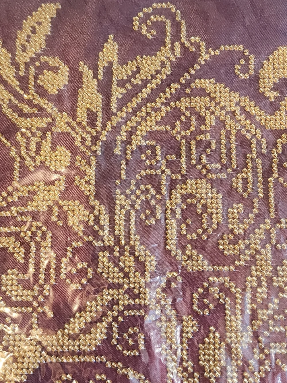 Gold Beaded Tree Wall Art on Deep Burgundy Canvas